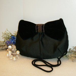 AVON Vintage Black Satin Evening Bag w/Beaded Velour Bow Braided Shoulder Strap